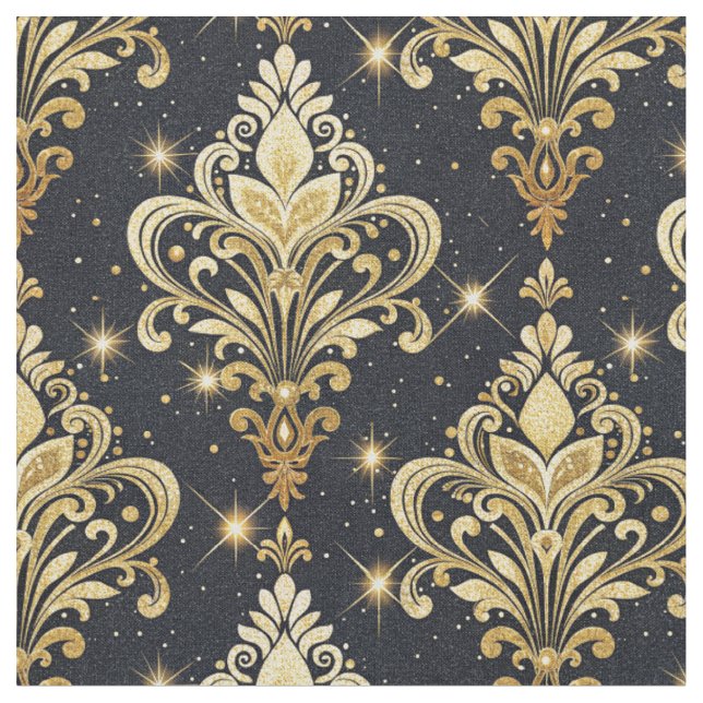 Black & Gold Sparkling Royal Floral Damask Pattern Fabric (Close Up)