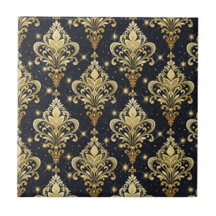 Black & Gold Sparkling Royal Floral Damask Pattern Tile