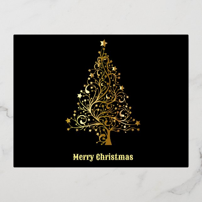 Black /Gold Sparkly Christmas Tree Foil Holiday Postcard (Front)