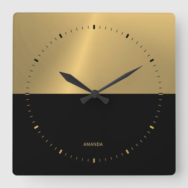 Black & Gold Split Screen Geometric Design Square Wall Clock (Front)