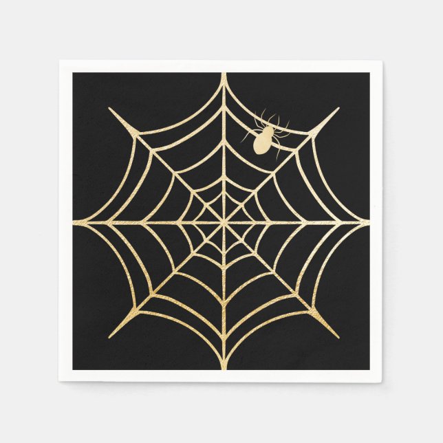 Black & Gold Spooky Halloween Spiderweb & Spider Napkin (Front)