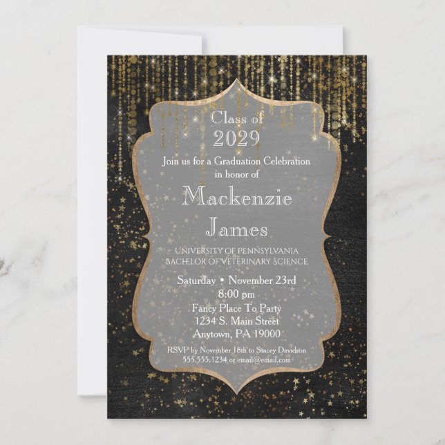 Black Gold Star Bling Graduation Party Invitation (Front)