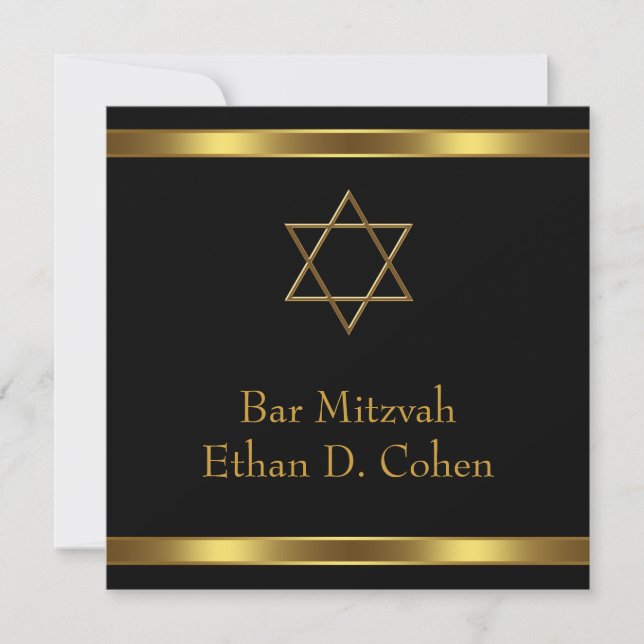 Black Gold Star of David Bar Mitzvah Invitation (Front)