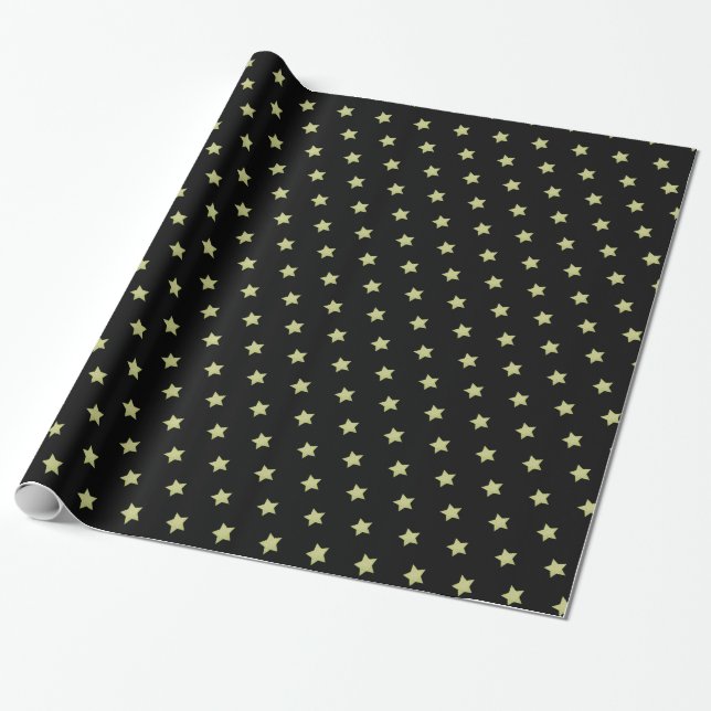 Black & Gold Star Pattern Christmas Wrapping Paper (Unrolled)