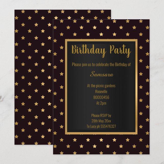 BLACK GOLD STAR PATTERN ELEGANT ALL  BIRTHDAY INVITATION (Front/Back)