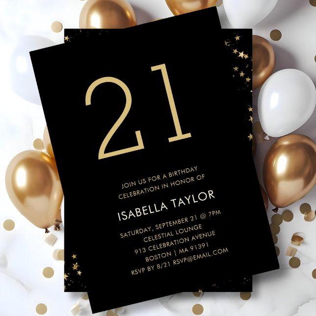 Black & Gold Stars 21st Birthday Invitation (Creator Uploaded)