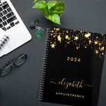 Black gold stars appointments 2025 planner<br><div class="desc">A stylish black coloured background with faux gold stars dripping, drips. Personalize and add a year, name, and title. A planner for organizing business clients, to do lists, or your daily life. The name is written with a large trendy hand lettered script with swashes. To keep the swashes only delete...</div>