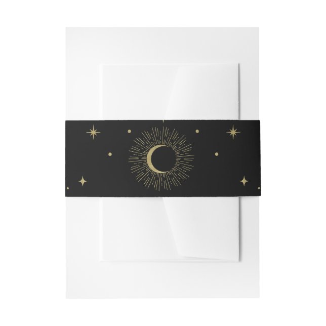 Black & Gold Stars Celestial Sunburst Moon Wedding Invitation Belly Band (Front Example)