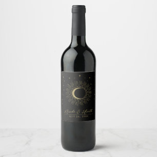 Black & Gold Stars Celestial Sunburst Moon Wedding Wine Label