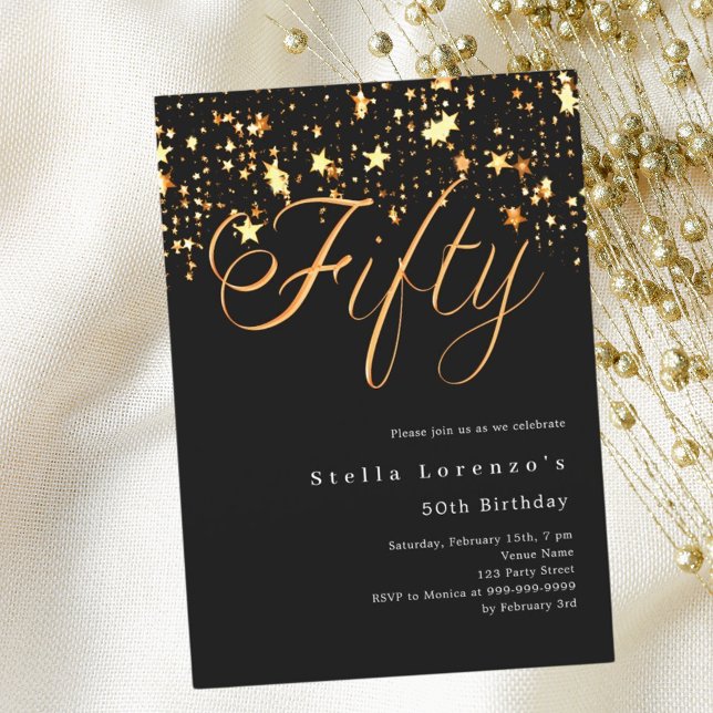 Black gold stars elegant 50th birthday invitation (Creator Uploaded)