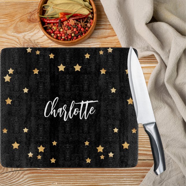 Black gold stars name elegant cutting board (Creator Uploaded)