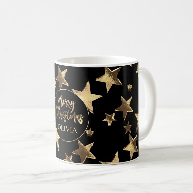 Black Gold Stars Pattern Add Name Merry Christmas Coffee Mug (Front Right)