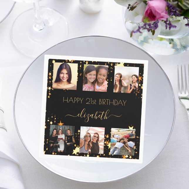 Black gold stars photo collage birthday napkin (Creator Uploaded)