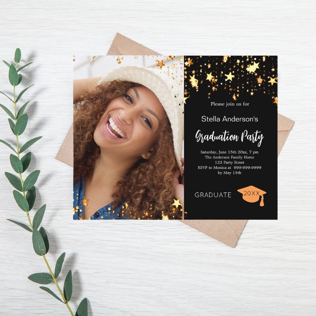 Black gold stars photo graduation party invitation (Creator Uploaded)