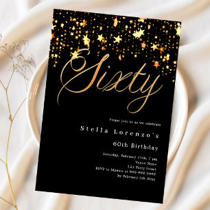 Black gold stars script elegant 60th birthday invitation
