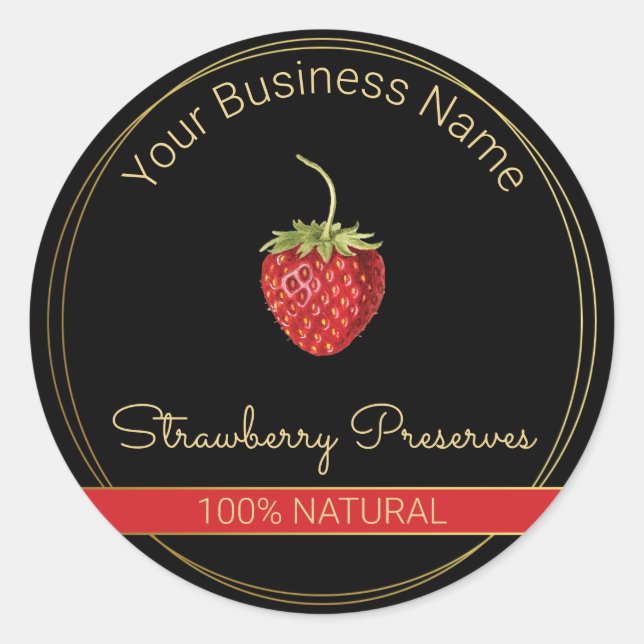 Black & Gold Strawberry Preserves Product Label (Front)