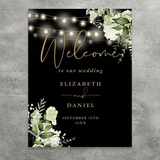 Black Gold String Lights Floral Wedding Welcome Poster (Black Gold String Lights Floral Wedding Welcome Poster)