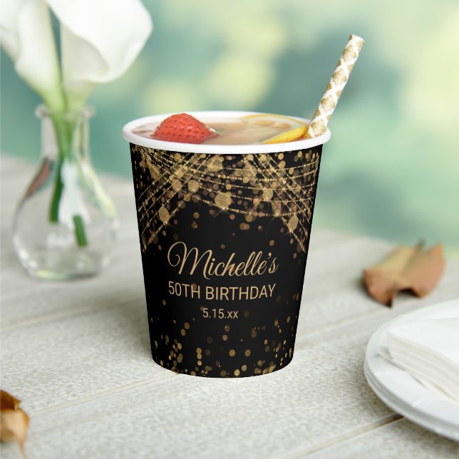 Black Gold String Lights Glitter Adult Birthday  Paper Cups (Insitu)