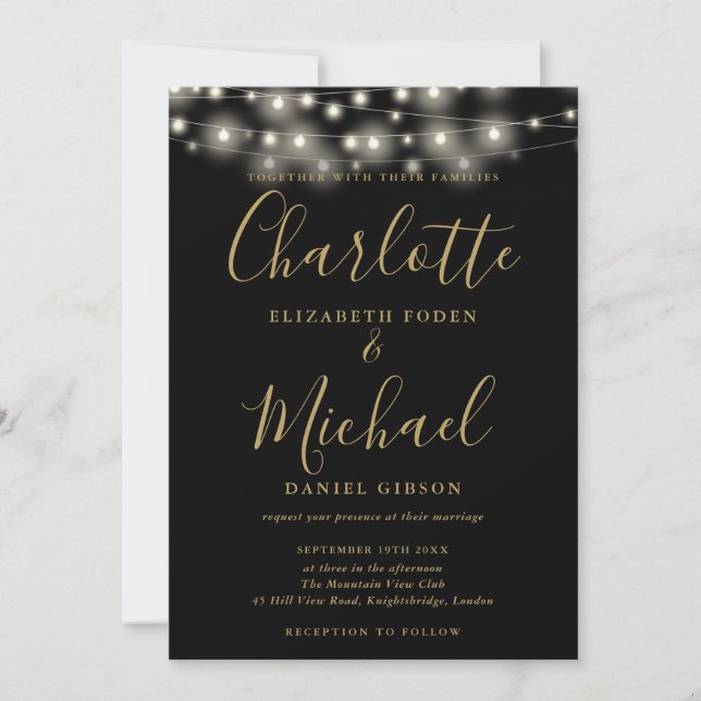 Black Gold String Lights Script Photo Wedding  Invitation (Front)