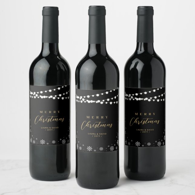 Black & Gold String Lights Snow Merry Christmas Wine Label (Bottles)