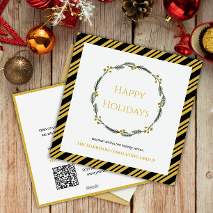 Black Gold Strip Wreath Corporate Logo QR Code Holiday Card