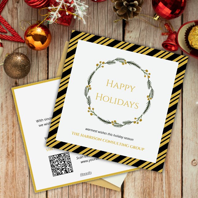 Black Gold Strip Wreath Corporate Logo QR Code  Holiday Card (Creator Uploaded)