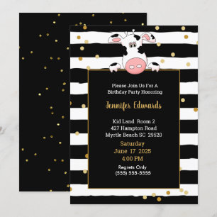Black Gold Stripe Cow Theme Kids Birthday Party  Invitation