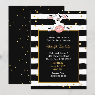 Black Gold Stripe Cow Theme Kids Birthday Party  Invitation