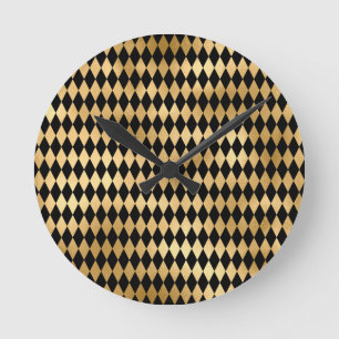 Black & Gold Stripe Striped Pattern Minimal Round Clock