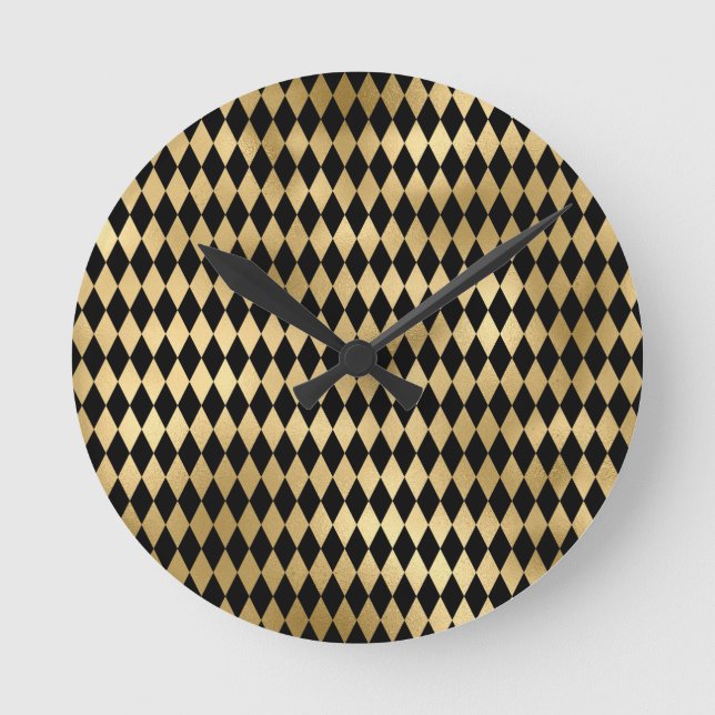 Black & Gold Stripe Striped Pattern Minimal Round Clock (Front)