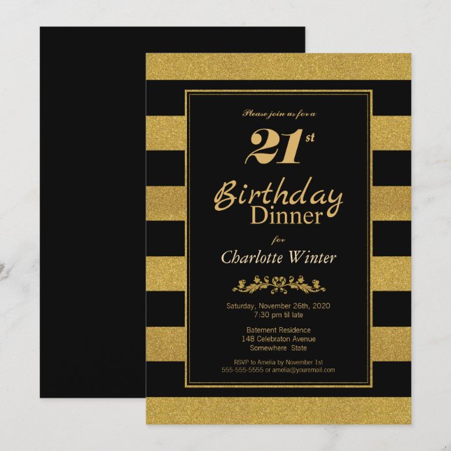 Black Gold Striped 21st Birthday Dinner Invitation (Front/Back)
