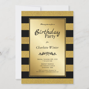 Black Gold Striped Any Age Birthday Party Invitation