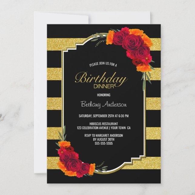 Black Gold Striped Floral Birthday Dinner Invitation (Front)