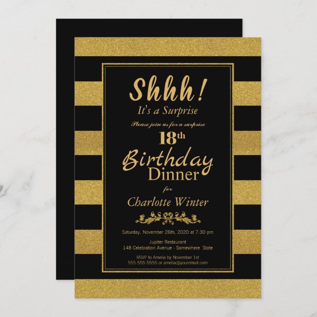 Black & Gold Striped Surprise 18th Birthday Dinner Invitation (Front/Back)