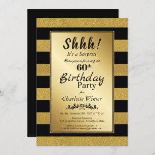 Black Gold Striped Surprise 60th Birthday Invitation