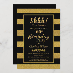 Black & Gold Striped Surprise 60th Birthday Party Invitation