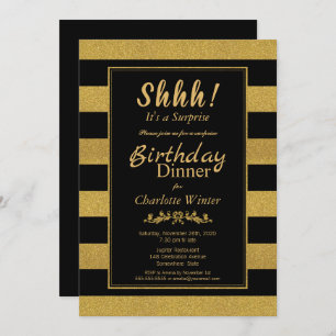 Black & Gold Striped Surprise Birthday Dinner Invitation
