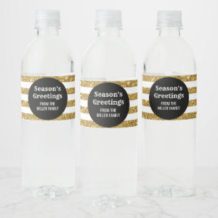 Black Gold Stripes Custom Season's Greetings Water Bottle Label