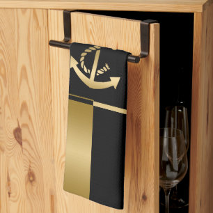 Black & Gold Stripes With Nautical Boat Anchor Kitchen Towel