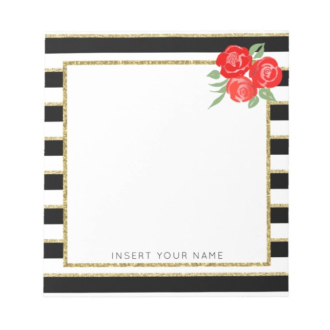 Black & Gold Stripes with Roses Notepad 5.5" x 6" (Front)