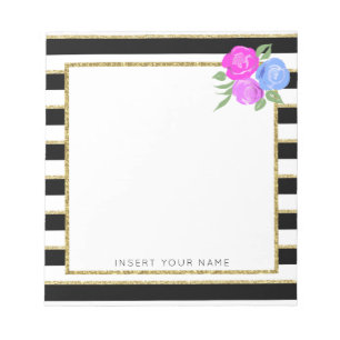 Black & Gold Stripes with Roses Notepad 5.5" x 6"