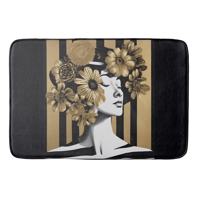 Black Gold Stripes Woman Flowers Bath Mat (Front)