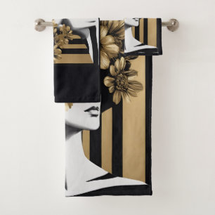 Black Gold Stripes Woman Flowers Bath Towel Set