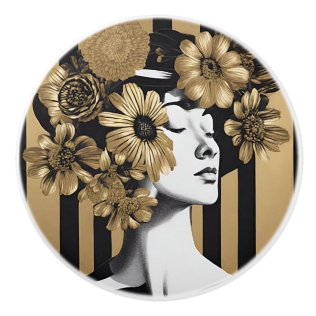 Black Gold Stripes Woman Flowers Knob Ceramic Pull (Front)