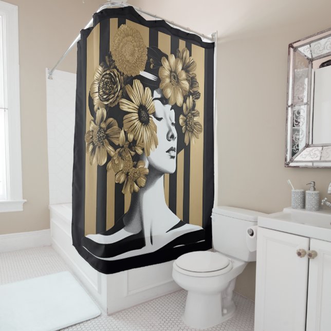 Black Gold Stripes Woman Flowers Shower Curtain (In Situ)