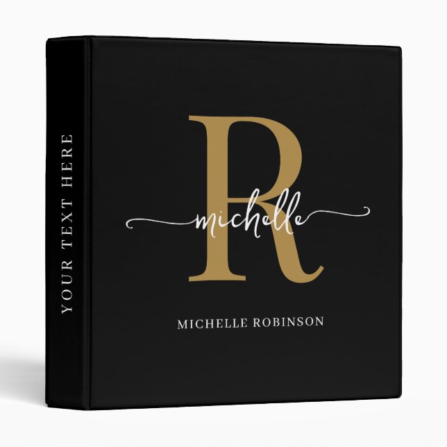 Black Gold Stylish Script Monogram Office School Binder (Front/Spine)