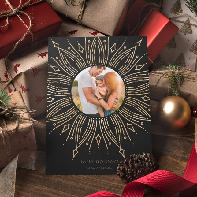 Black & Gold Sunburst Frame Art Deco Photo Holiday Card (Creator Uploaded)