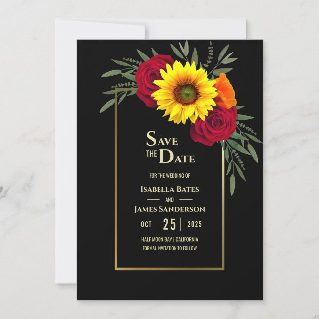 Black Gold Sunflower Burgundy Rose Wedding Save Th The Date (Front)