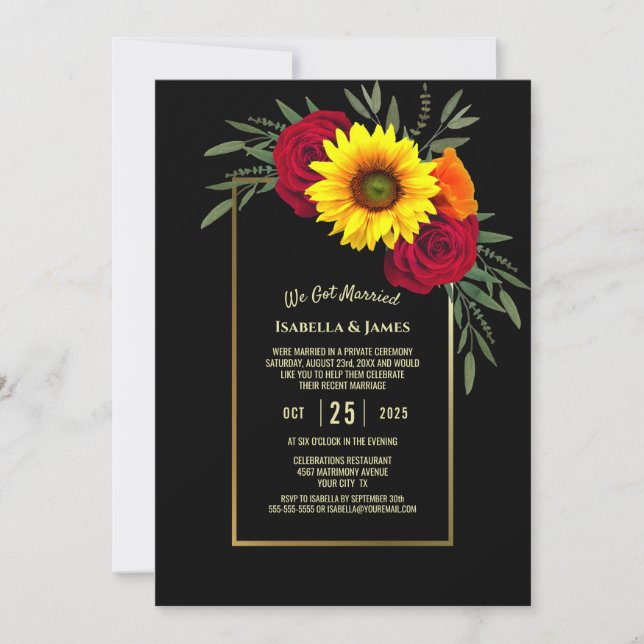 Black Gold Sunflower Rose Wedding Reception Invitation (Front)