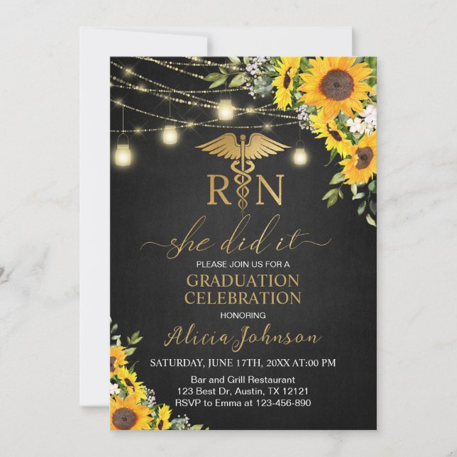 Black Gold Sunflowers RN Nursing School Graduation Invitation (Front)